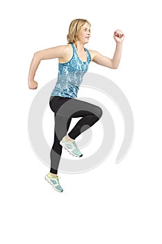 Senior Women Sports. Running Fitness Mature Sportswoman During Active Jogging Training Against White Background