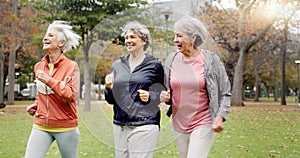 Senior women, walking and friends with fitness, wellness and workout for health in retirement. Park, exercise and