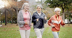 Senior women, walking and friends with fitness, wellness and workout for health in retirement. Park, exercise and