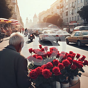 Senior worker selling flowers landscape