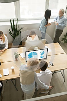 Senior and young employees working in office, top vertical view