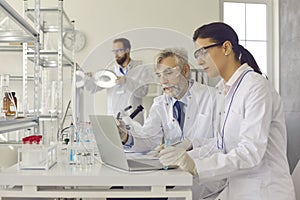 Senior and young scientists using laptop computer while doing medical research together