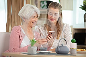 senior and young woman working together as freelancers from home