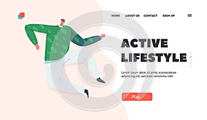 Seniors Active Lifestyle Landing Page Template. Adult Bearded Man in Casual Clothes Jump, Happy Old Male Character Fun