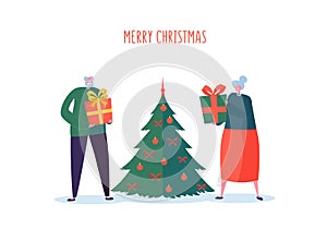 Seniors with Christmas Tree. Elderly Couple Celebrating Winter Holidays. Grandfather and Grandmother on New Year Eve