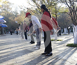Seniors exercising in a park