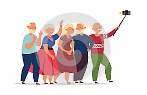 Seniors group. Old people, elderly friends together doing selfie. Happy cartoon modern grandparents using smartphone