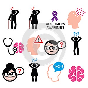 Seniors health - Alzheimer's disease and dementia, memory loss icons set photo