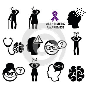 Seniors health - Alzheimer's disease and dementia, memory loss icons set photo