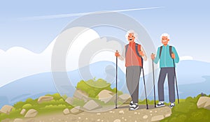 Seniors on hiking. Mature man and woman with backpacks and sticks climb the mountain. Happy elderly couple is engaged in active