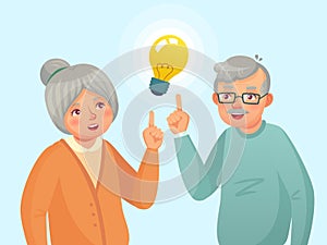 Seniors idea. Old people couple have idea, elderly senior thinking issue. Grandfather and grandmother cartoon vector illustration