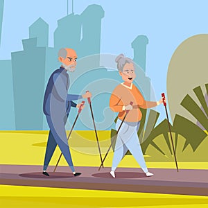 Seniors on outdoor stroll flat vector illustration