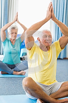 Seniors performing yoga