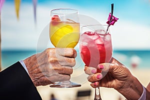 Seniors relish cocktails, beach view, and retirement