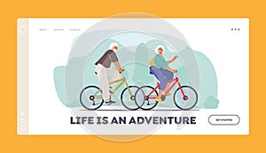 Seniors Riding Bicycles Landing Page Template. Man and Woman Pensioner Active Lifestyle, Aged People Extreme Activity