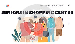 Seniors in Shopping Center Landing Page Template. Shopaholic Couple Purchase Clothes in Fashion Brand Outlet