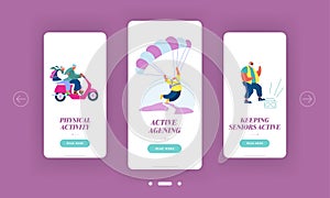 Seniors Sparetime Mobile App Page Onboard Screen Set. Pensioners Extreme Sport, Skydiving with Parachute, Riding