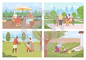 Seniors spending time outdoors flat color vector illustration set