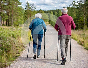 Seniors walking with trekking poles