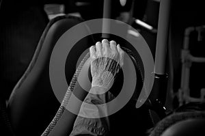 Senor female citizen hand during bus journey in Copenhagen