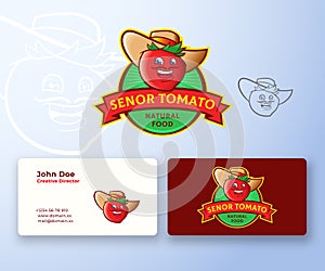 Senor Tomato Abstract Vector Logo and Business Card Template. Premium Stationary Realistic Mock Up. Funny Smiling photo
