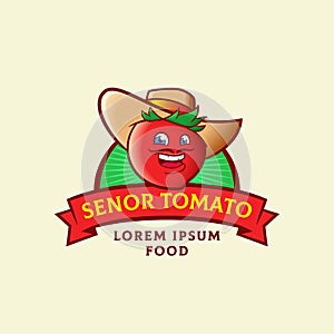 Senor Tomato Abstract Vector Sign, Symbol or Logo Template. Funny Smiling Spanish Man Moustache Face in a Hat. Retro photo