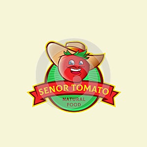 Senor Tomato Abstract Vector Sign, Symbol or Logo Template. Funny Smiling Spanish Man Moustache Face in a Hat. Retro photo