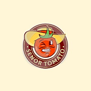 Senor Tomato Abstract Vector Sign, Symbol or Logo Template. Funny Smiling and Winking Spanish Man Face in a Hat. Retro photo