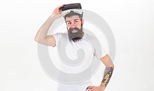 Sensational feelings of using VR headset. Man bearded hipster with virtual reality headset on white background isolated