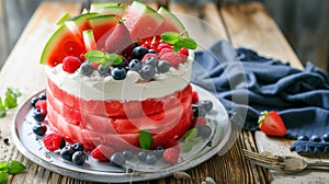 Sensational Sweet Delight: Magnificent Watermelon Cake adorned with Whipped Cream, Berries, and Frui