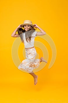 Sense of freedom. carefree childhood happiness. small girl wear summer outfit. summer vacation fashion. happy childrens