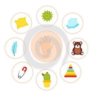 Sense organs poster. Vector illustration. Sense of touch.