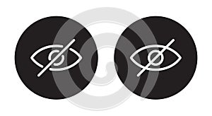 Sensitive content icon on black circle. Crossed eye, hide post concept