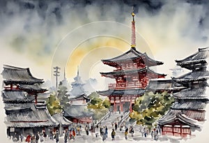 Senso-ji Temple watercolor in japan