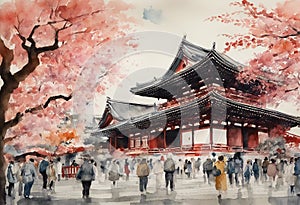 Senso-ji Temple watercolor in japan