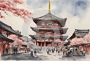 Senso-ji Temple watercolor in japan