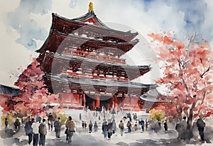 Senso-ji Temple watercolor in japan