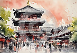 Senso-ji Temple watercolor in japan