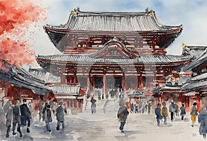 Senso-ji Temple watercolor in japan