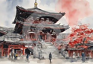 Senso-ji Temple watercolor in japan