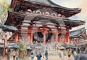 Senso-ji Temple watercolor in japan