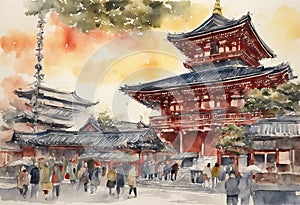 Senso-ji Temple watercolor in japan