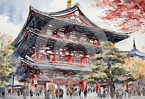Senso-ji Temple watercolor in japan