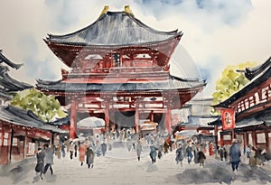 Senso-ji Temple watercolor in japan