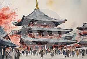 Senso-ji Temple watercolor in japan