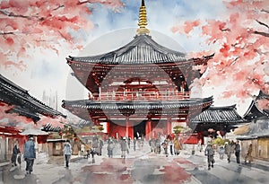 Senso-ji Temple watercolor in japan