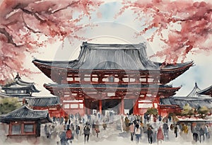 Senso-ji Temple watercolor in japan