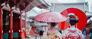 The Sensoji Temple in Asakusa Tokyo has two geishas wearing traditional Japanese clothes.