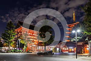 Sensoji Temple in nighttime, symbolized by large red lanterns and 5-story pagoda with light