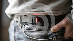 A sensor attached to a belt or waistband tracking posture and sending notifications for correcting slouching or sitting photo